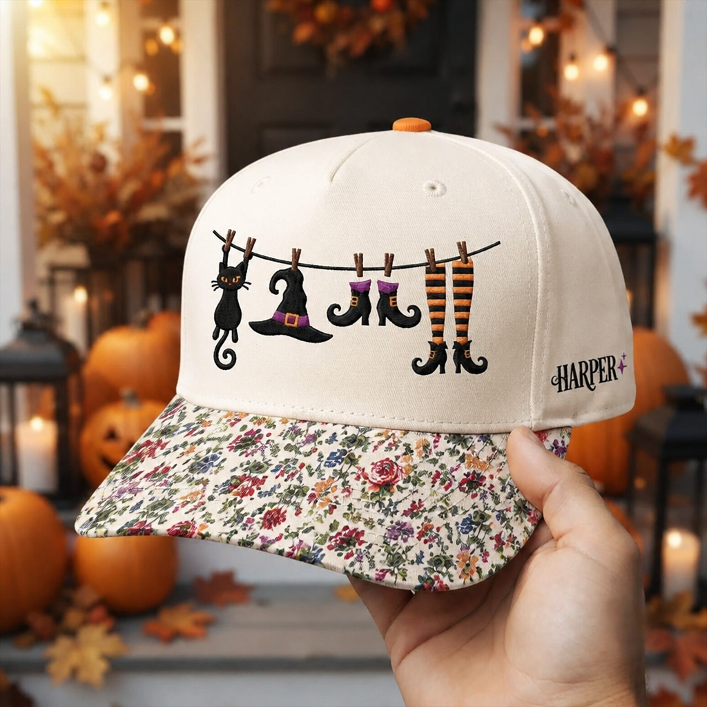 Personalized Halloween Witch Clothesline Black Cat Hat Boots Embroidered Floral & Leopard Brim Hat