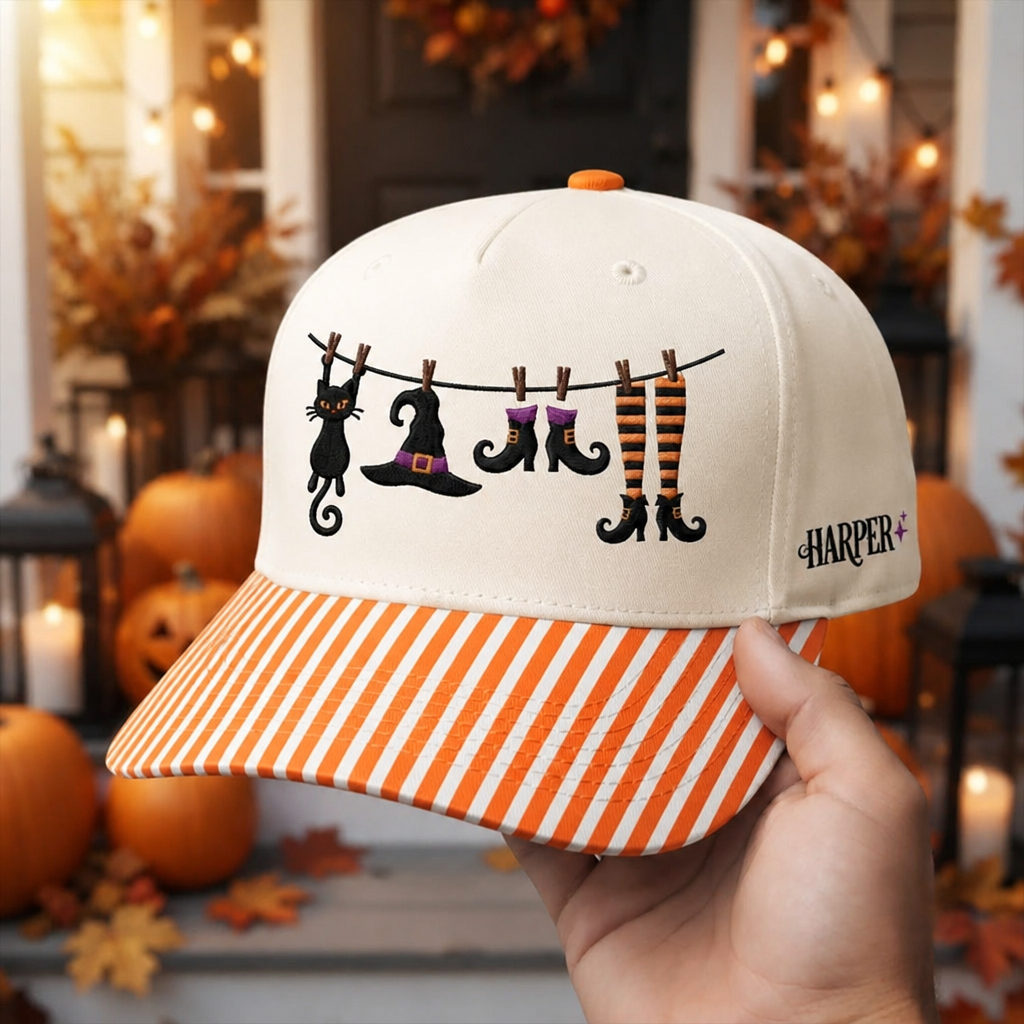 Personalized Halloween Witch Clothesline Black Cat Hat Boots Embroidered Gingham & Stripe Brim Hat