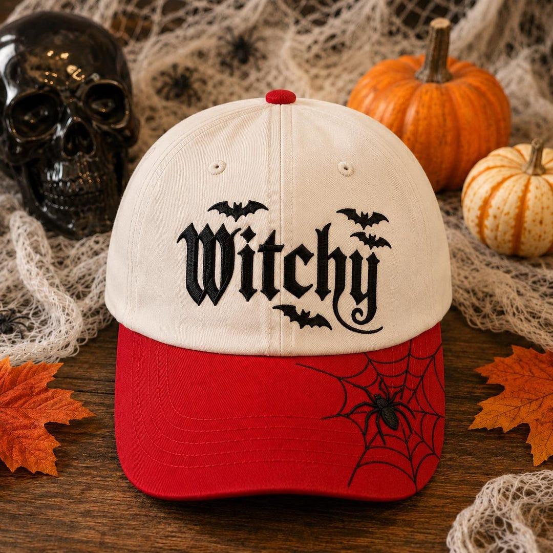 Halloween Witchy Gothic Bat Spider Web embroidered two-tone hat — front view