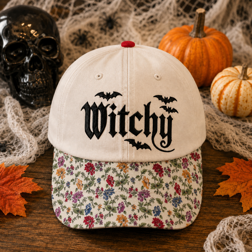 Halloween Witchy Gothic Bat Spider Web Embroidered Floral & Leopard Brim Hat
