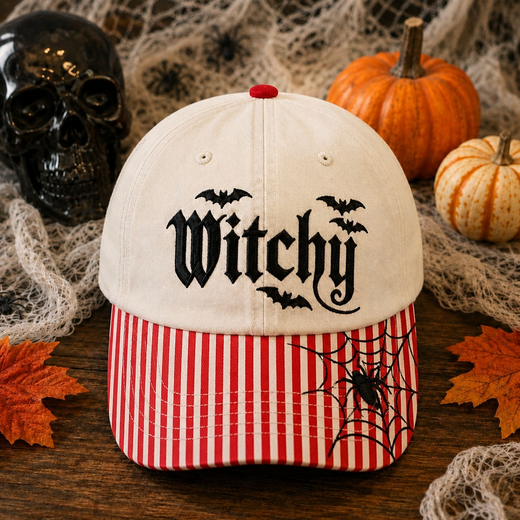 Halloween Witchy Gothic Bat Spider Web Embroidered Gingham & Stripe Brim Hat