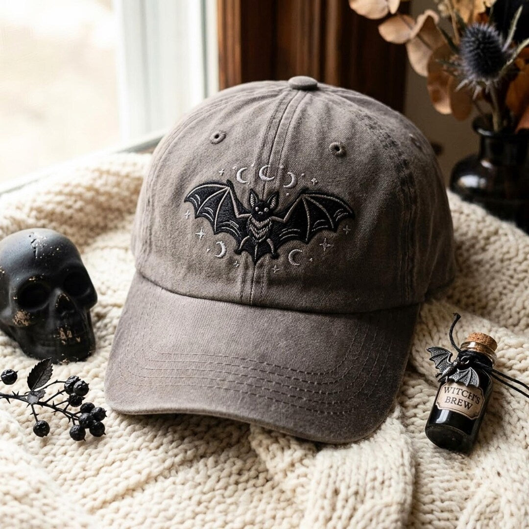 Halloween Gothic Bat Moon Stars Celestial Embroidered Hat — Washed Hat