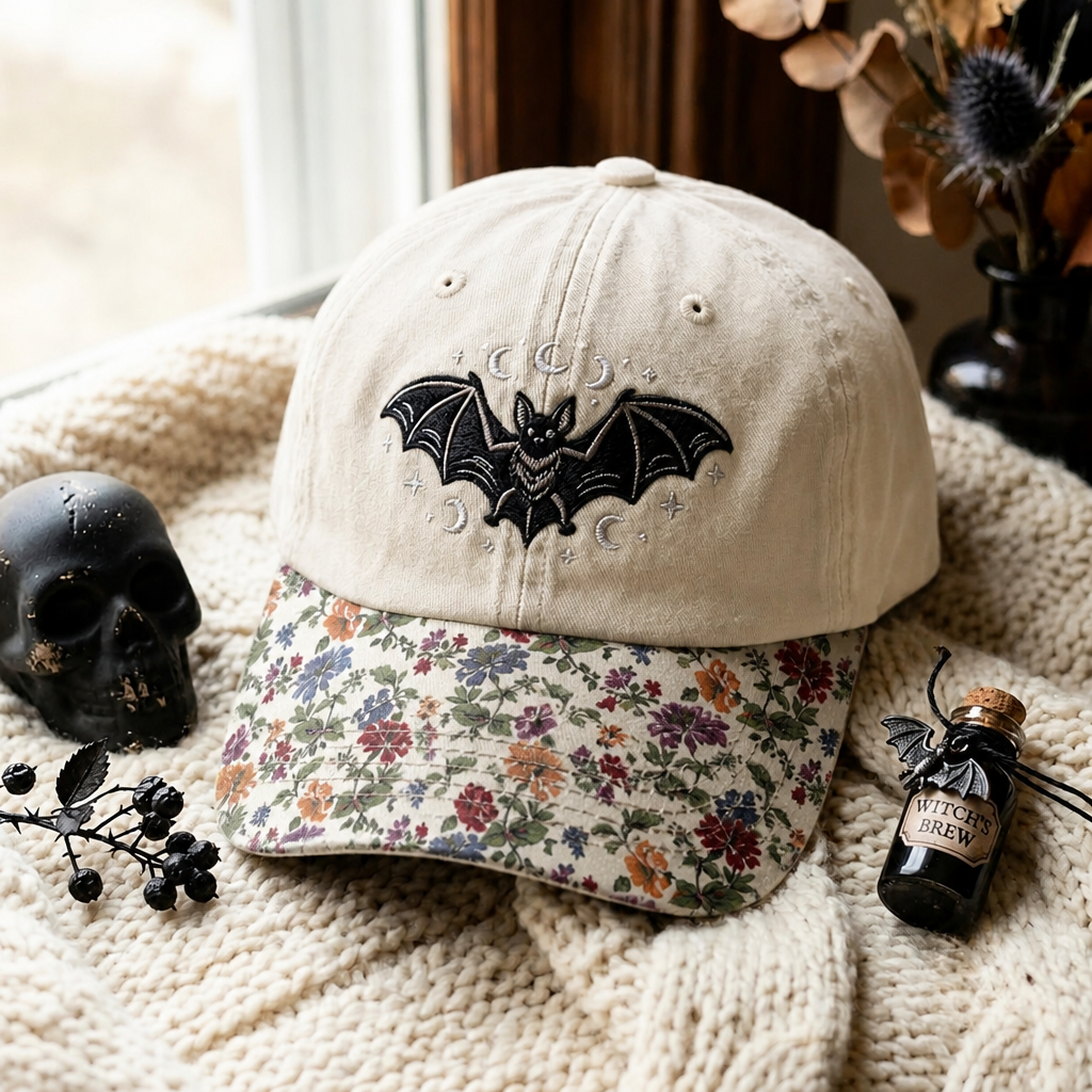 Halloween Gothic Bat Moon Stars Celestial Embroidered Floral & Leopard Brim Hat