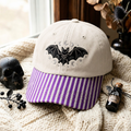 Halloween Gothic Bat Moon Stars Celestial Embroidered Gingham & Stripe Brim Hat