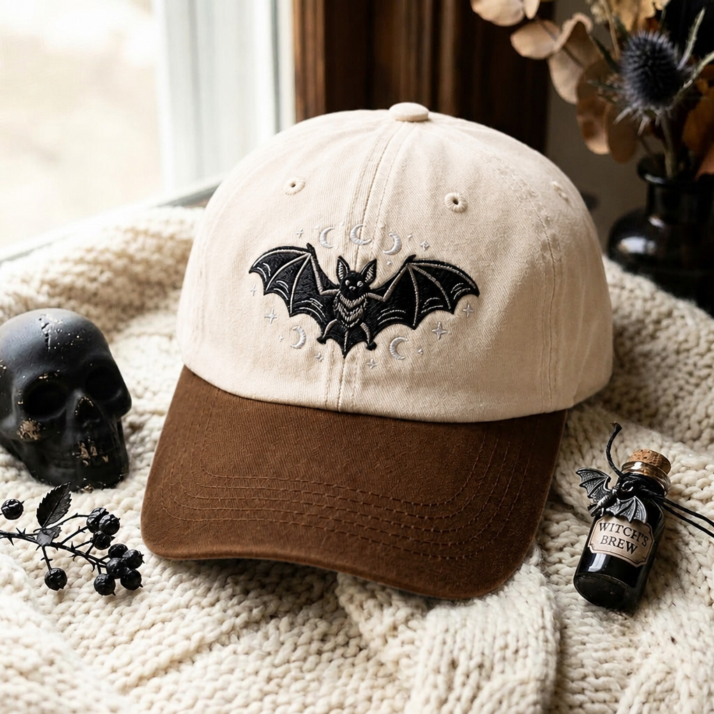 Halloween Gothic Bat Moon Stars Celestial Embroidered Two-Tone Hat
