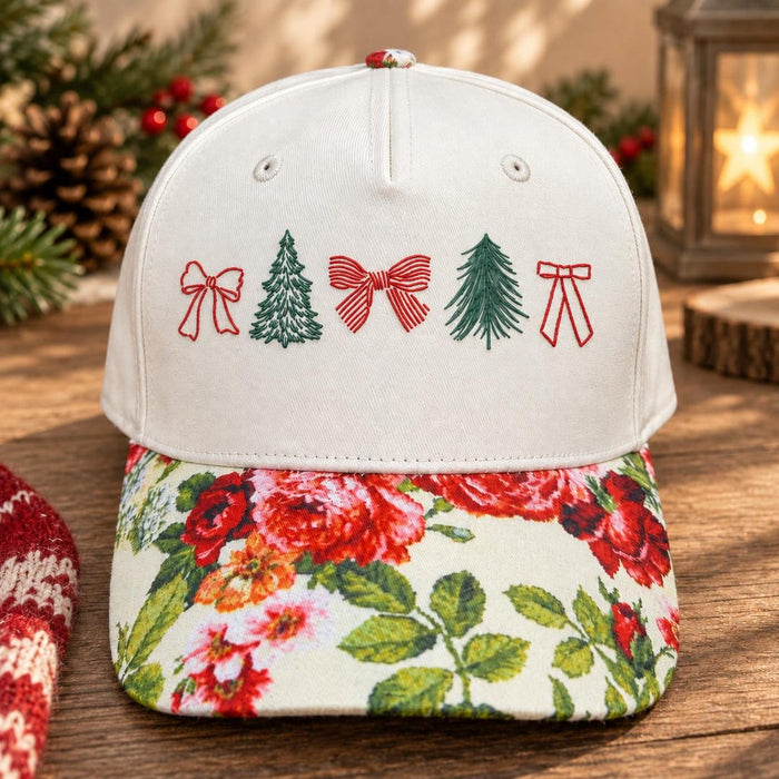 Christmas Tree Bow Coquette Minimalist Holiday Embroidered Hat