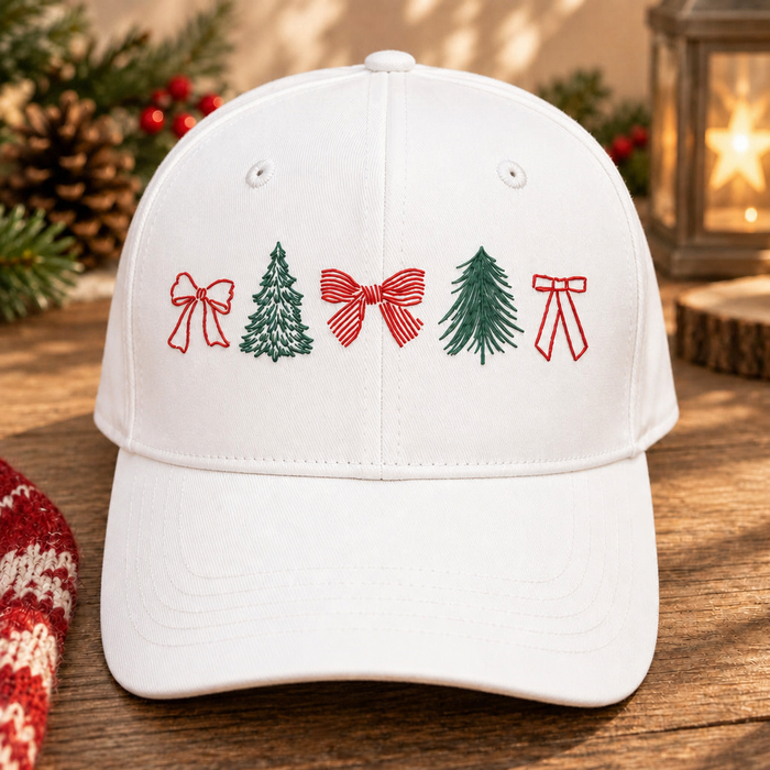Christmas Tree Bow Coquette Minimalist Holiday Embroidered Hat