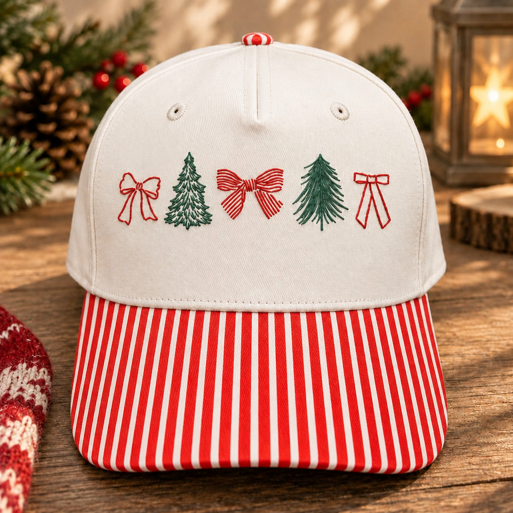 Christmas Tree Bow Coquette Minimalist Holiday Embroidered Gingham & Stripe Brim Hat