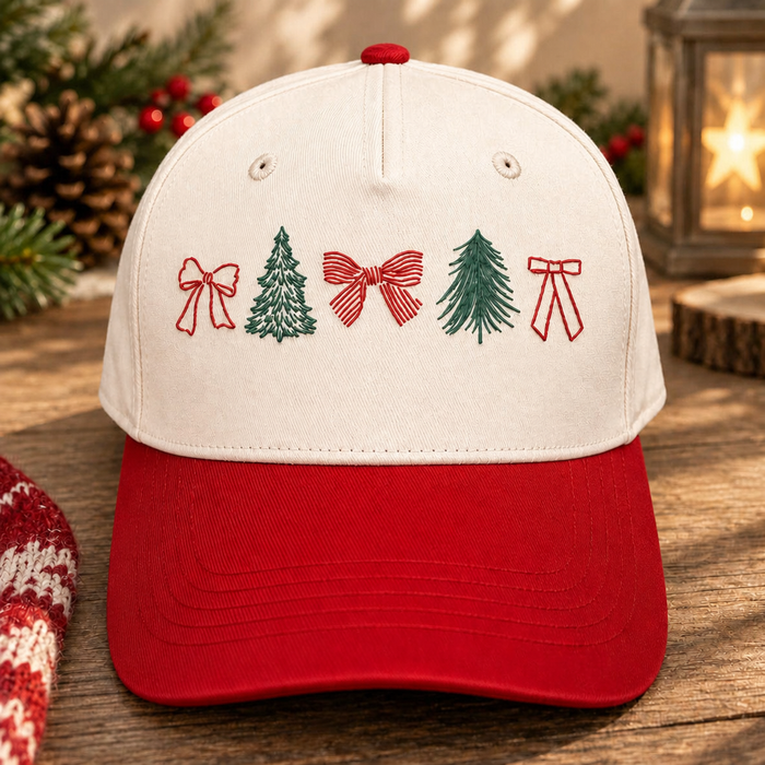 Christmas Tree Bow Coquette Minimalist Holiday Embroidered Two-Tone Hat