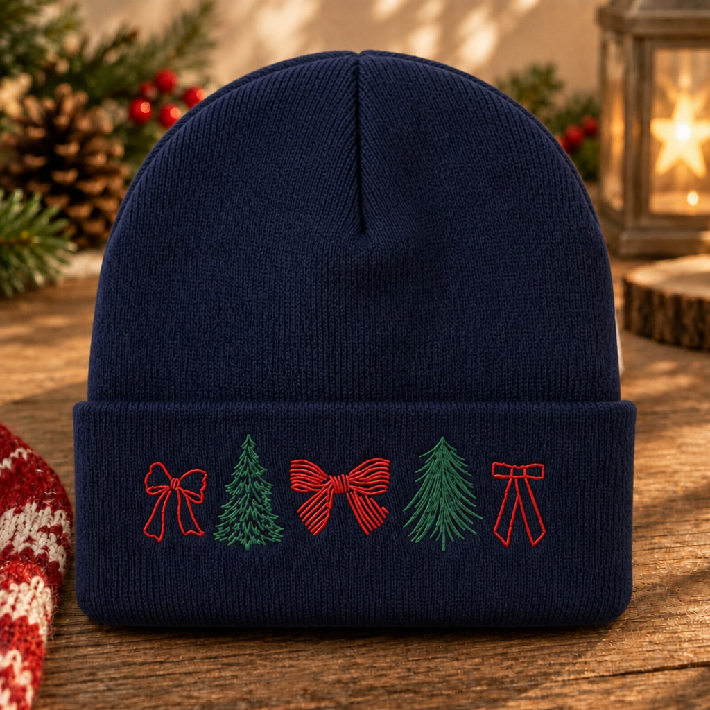 Christmas Tree Bow Coquette Minimalist Holiday Embroidered Beanie