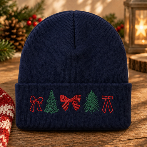 Christmas Tree Bow Coquette Minimalist Holiday Embroidered Beanie