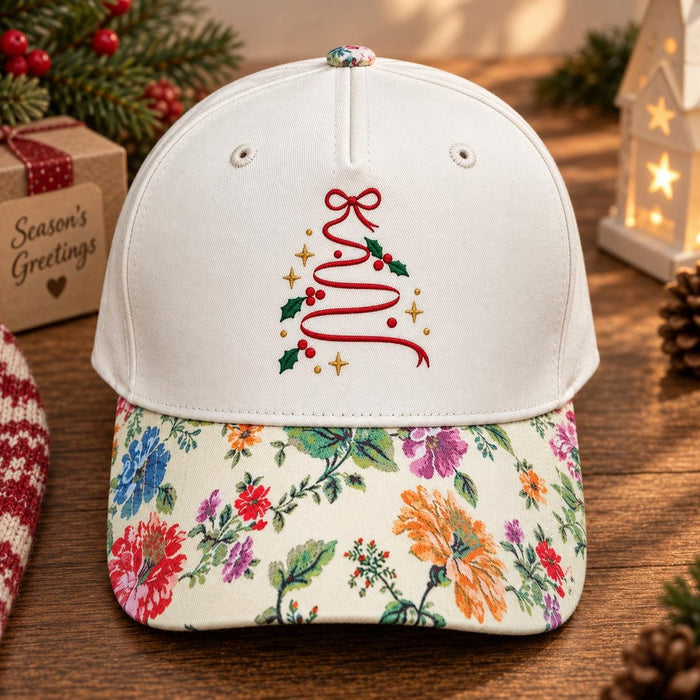 Christmas Tree Ribbon Bow Holly Stars Holiday Embroidered Hat
