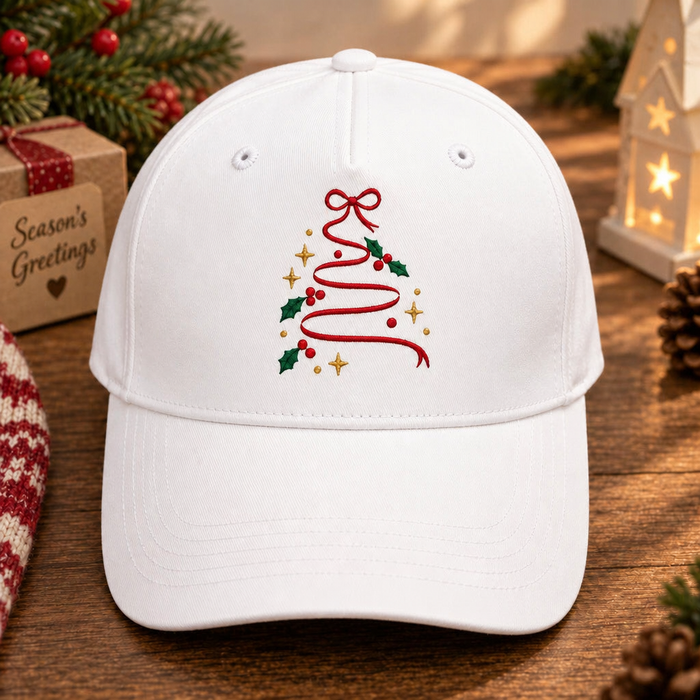 Christmas Tree Ribbon Bow Holly Stars Holiday Embroidered Hat
