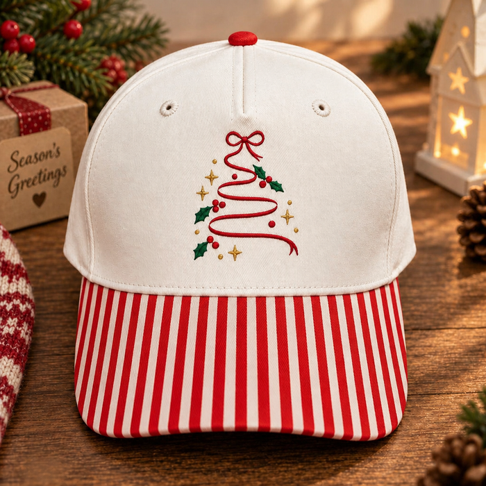 Christmas Tree Ribbon Bow Holly Stars Holiday Embroidered Gingham & Stripe Brim Hat
