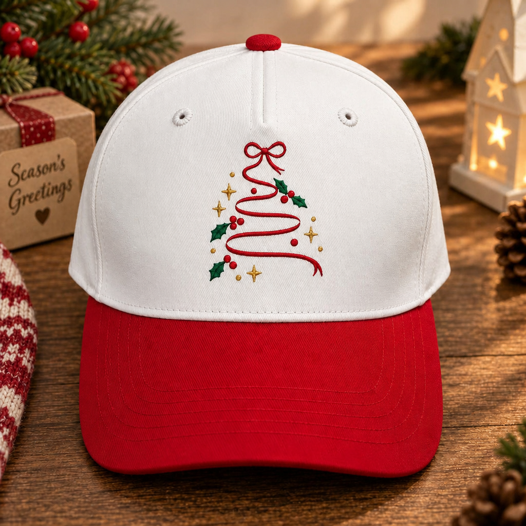 Christmas Tree Ribbon Bow Holly Stars Holiday Embroidered Two-Tone Hat