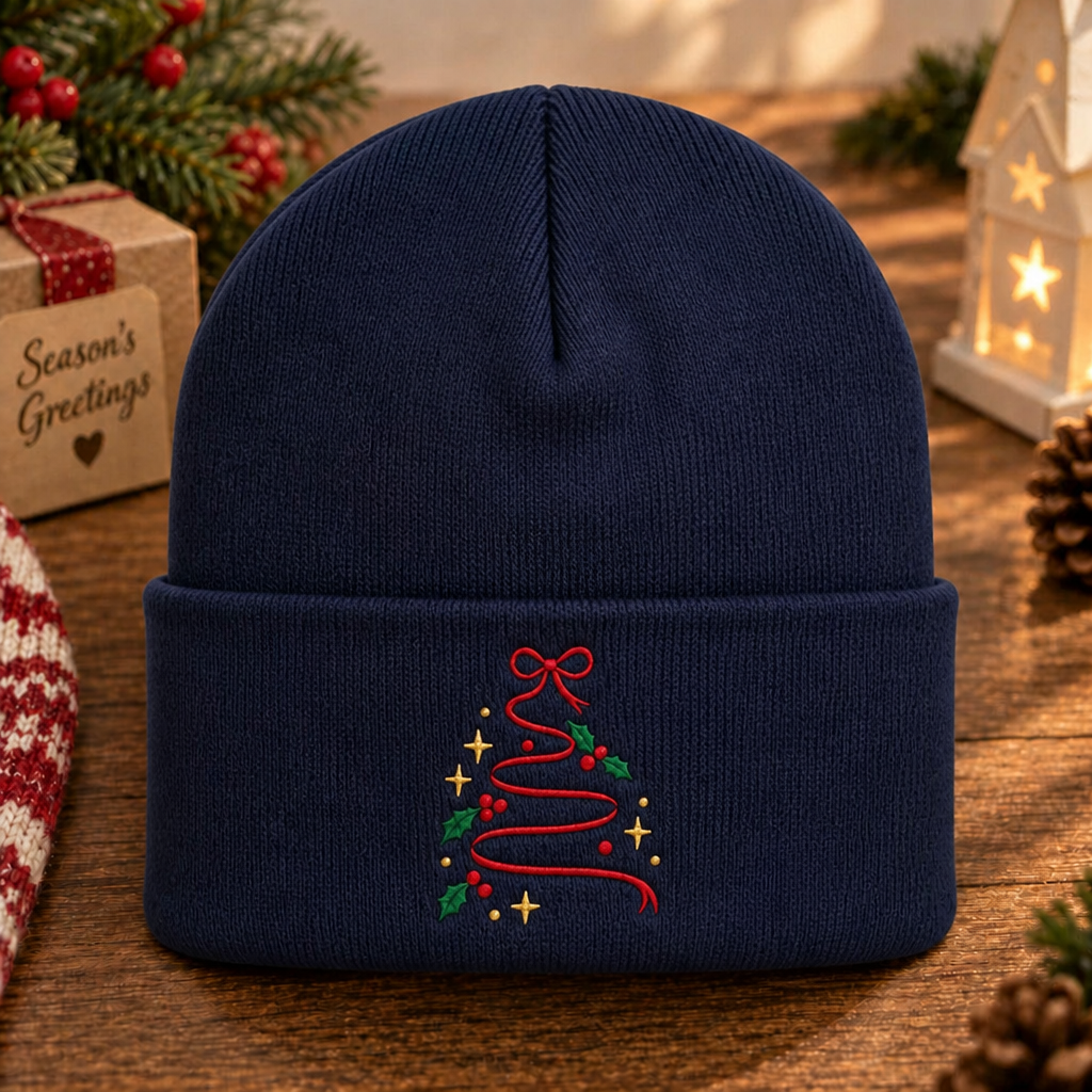 Christmas Tree Ribbon Bow Holly Stars Holiday Embroidered Beanie