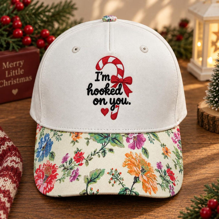I'm Hooked On You Candy Cane Christmas Bow Heart Embroidered Hat