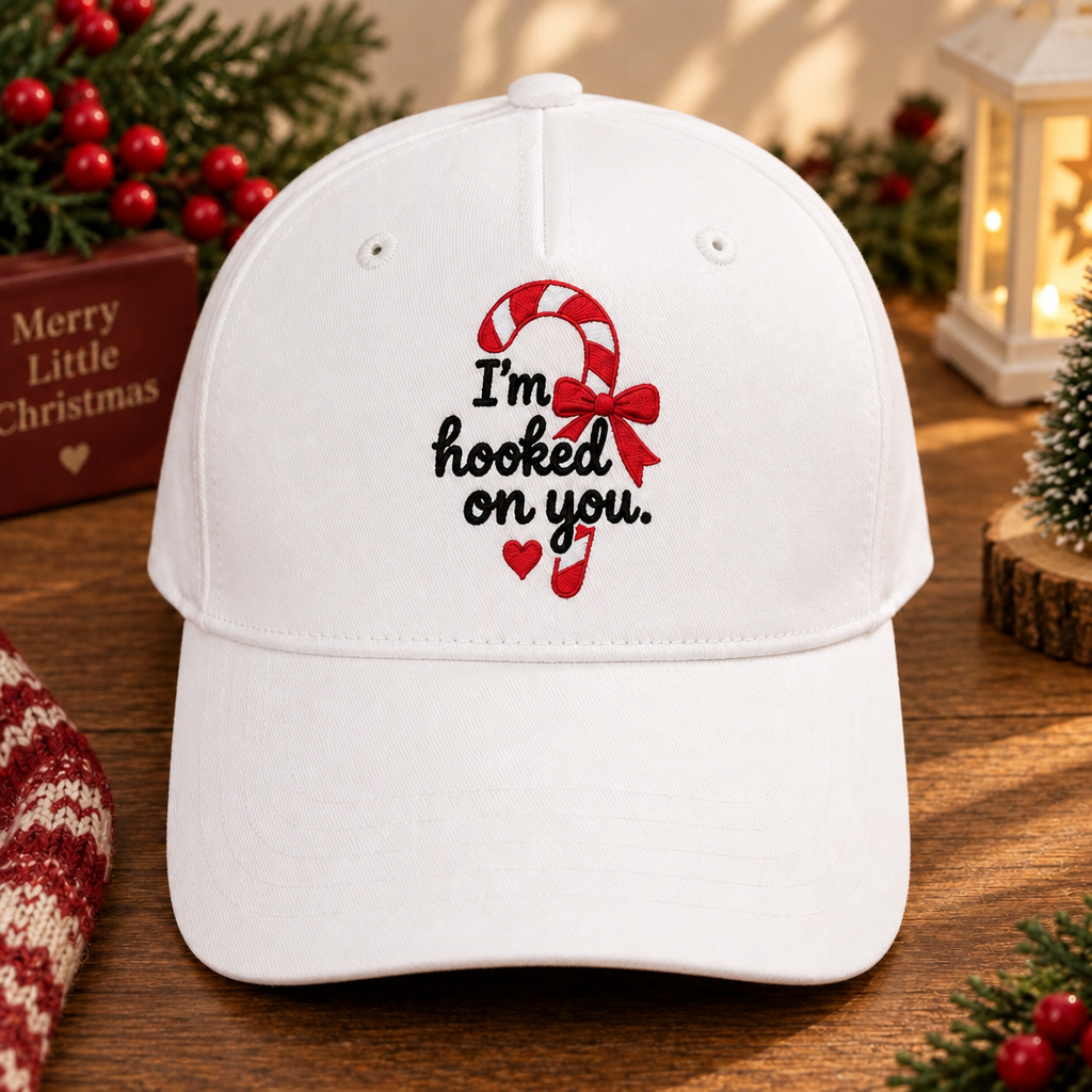 I'm Hooked On You Candy Cane Christmas Bow Heart Embroidered Hat