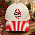 I'm Hooked On You Candy Cane Christmas Bow Heart Embroidered Gingham & Stripe Brim Hat