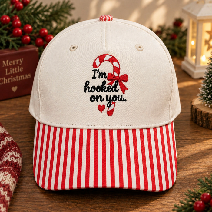I'm Hooked On You Candy Cane Christmas Bow Heart Embroidered Gingham & Stripe Brim Hat