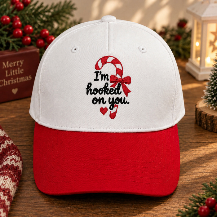 I'm Hooked On You Candy Cane Christmas Bow Heart Embroidered Two-Tone Hat