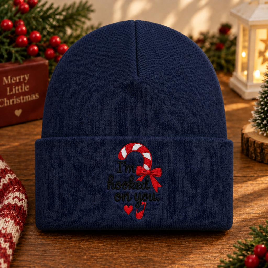I'm Hooked On You Candy Cane Christmas Bow Heart Embroidered Beanie