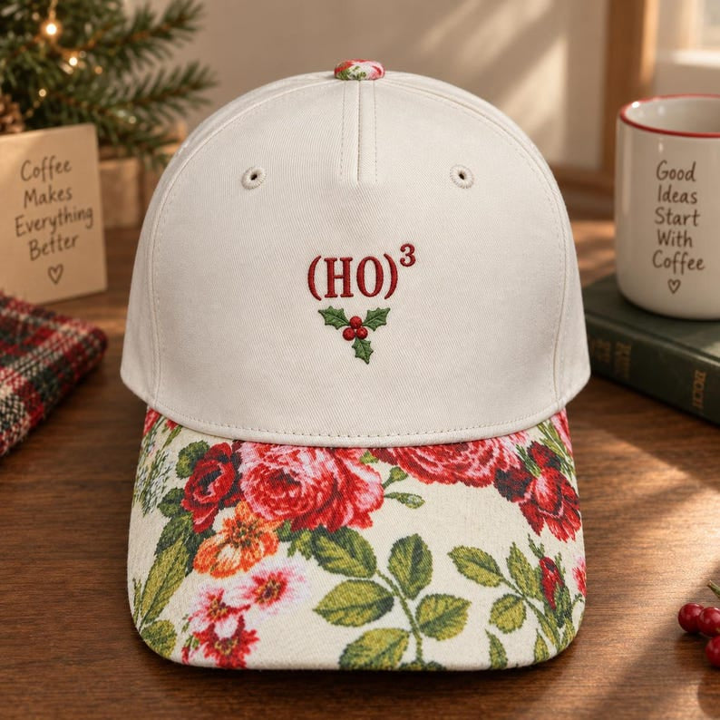 Funny Christmas (HO)³ Ho Ho Ho Holly Math embroidered floral & leopard brim hat — front view