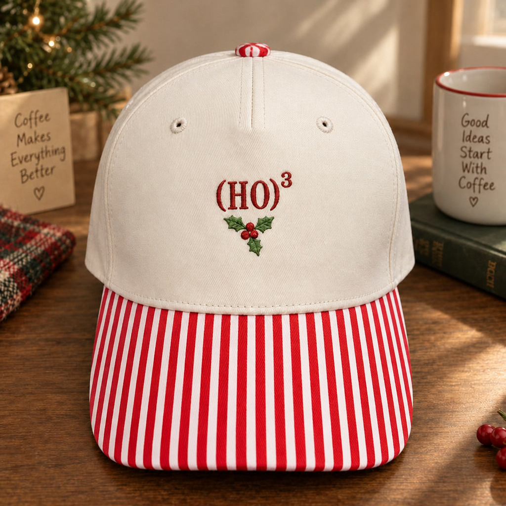Funny Christmas (HO)³ Ho Ho Ho Holly Math Embroidered Gingham & Stripe Brim Hat