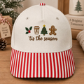 Tis the Season Christmas Holly Coffee Gingerbread Man Tree Embroidered Gingham & Stripe Brim Hat