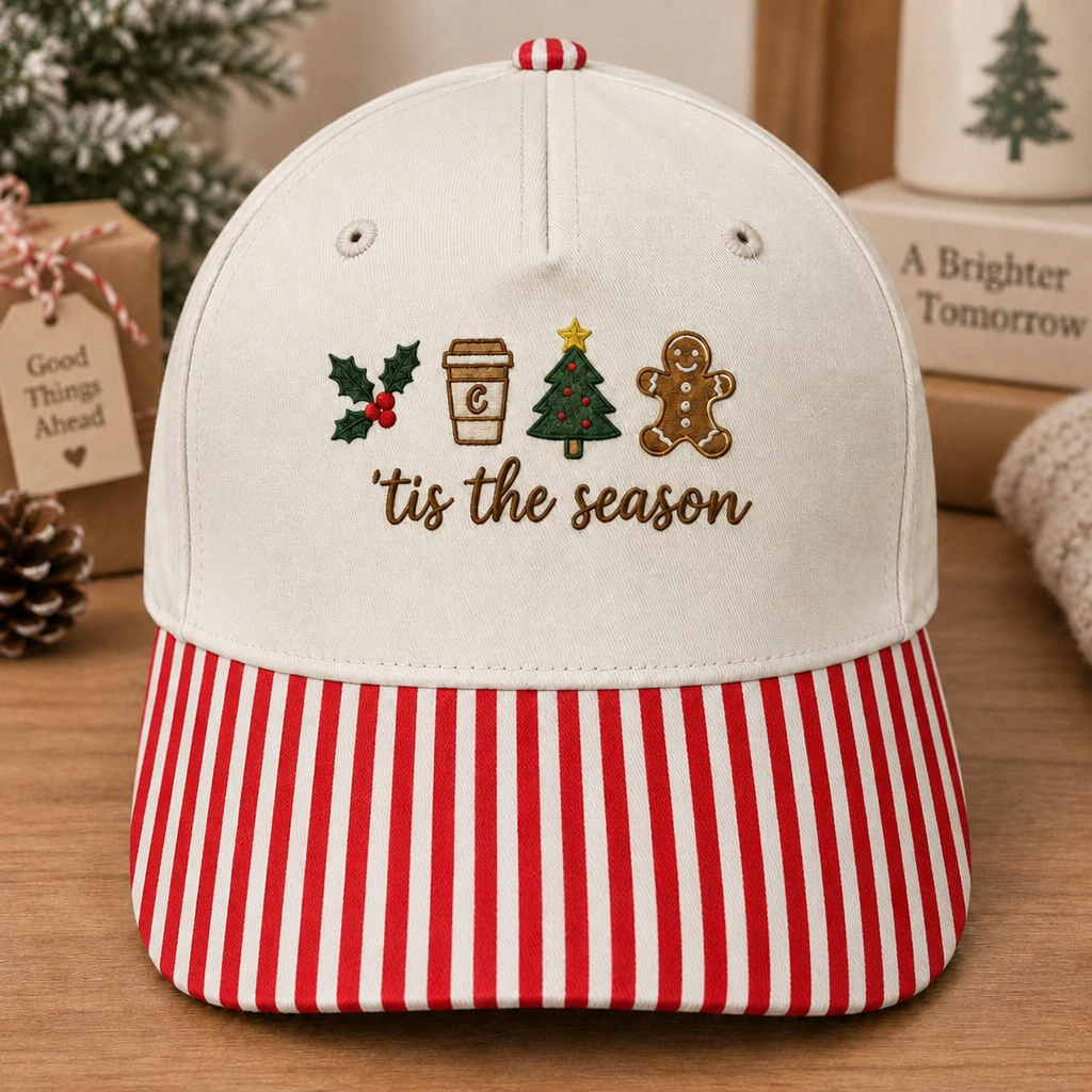 Tis the Season Christmas Holly Coffee Gingerbread Man Tree Embroidered Gingham & Stripe Brim Hat