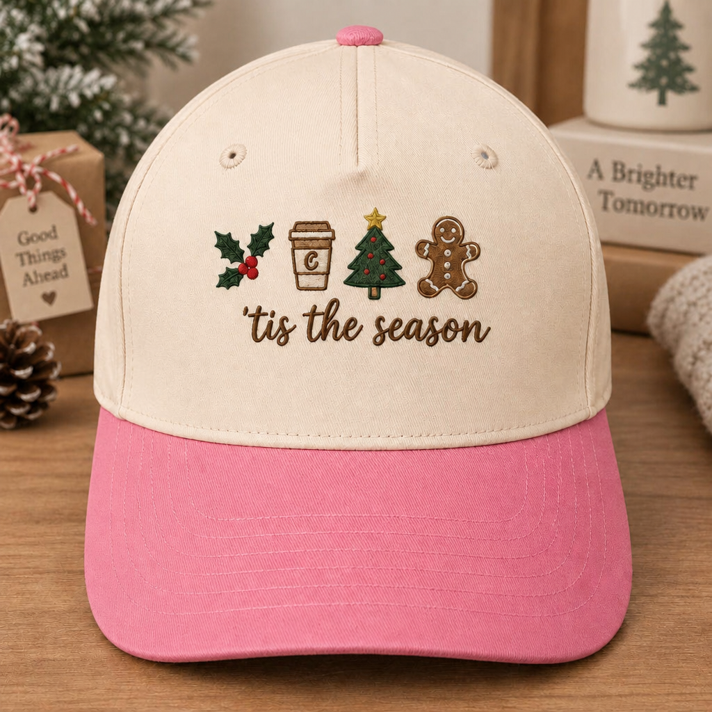 Tis the Season Christmas Holly Coffee Gingerbread Man Tree Embroidered Two-Tone Hat