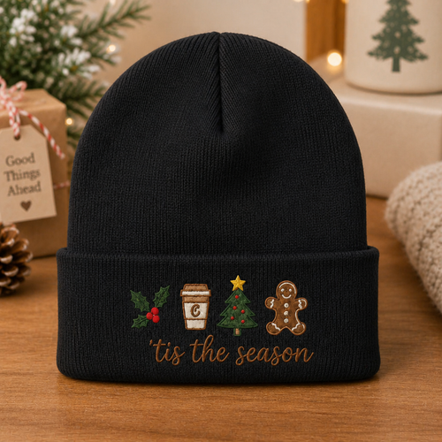 Tis the Season Christmas Holly Coffee Gingerbread Man Tree Embroidered Beanie