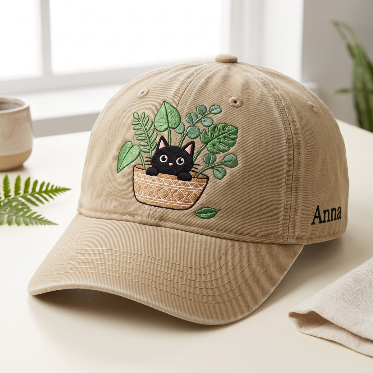 Personalized Black Cat Sitting in Plant Pot Houseplants Embroidered Hat — Baseball Cap