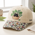 Personalized Black Cat Sitting in Plant Pot Houseplants Embroidered Floral & Leopard Brim Hat