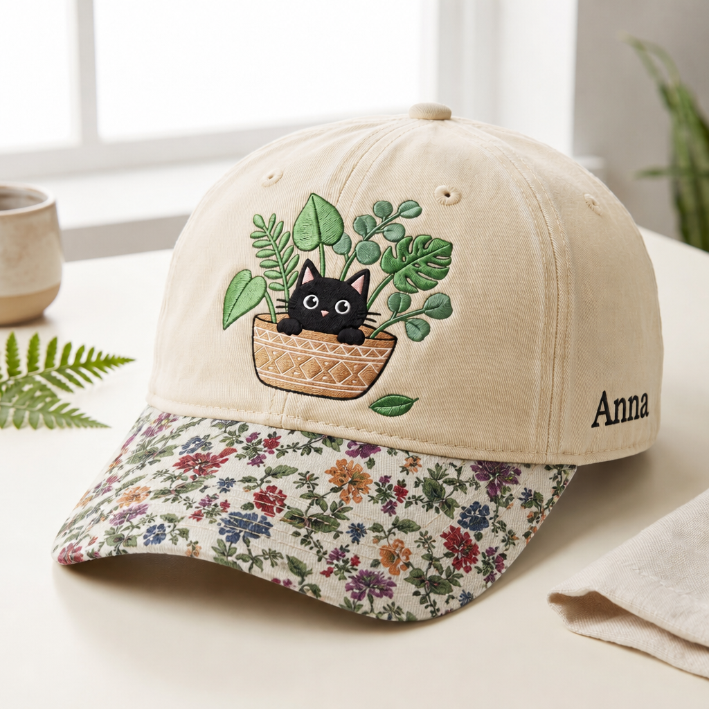 Personalized Black Cat Sitting in Plant Pot Houseplants Embroidered Floral & Leopard Brim Hat