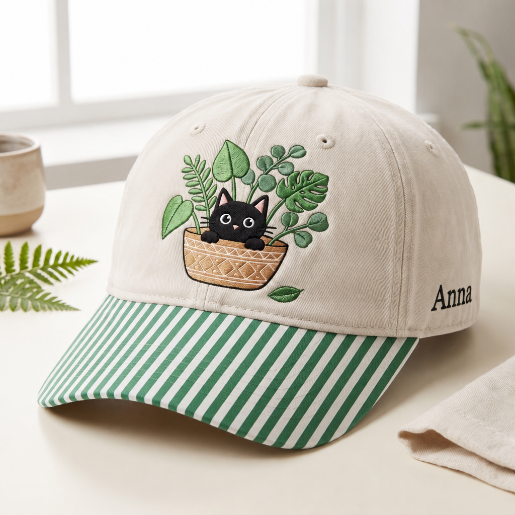 Personalized Black Cat Sitting in Plant Pot Houseplants Embroidered Gingham & Stripe Brim Hat