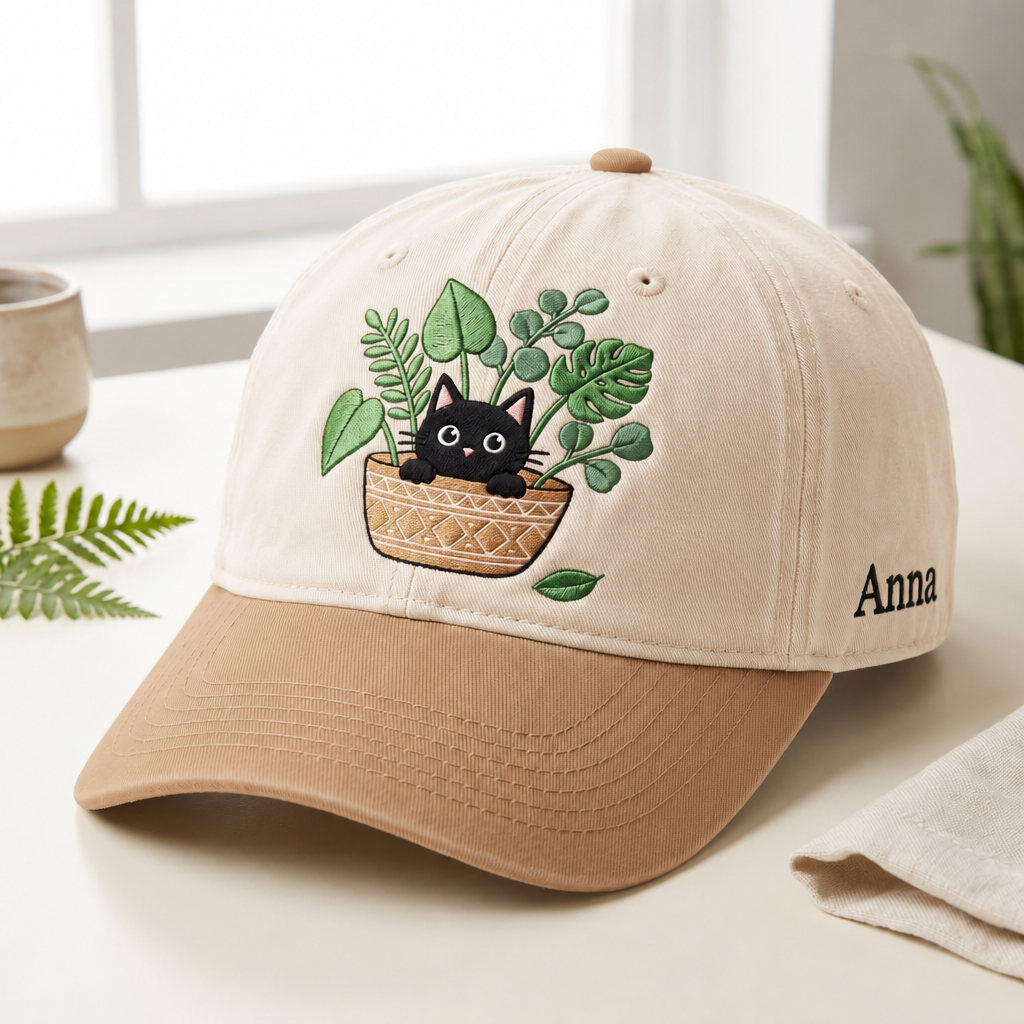 Personalized Black Cat Sitting in Plant Pot Houseplants Embroidered Two-Tone Hat