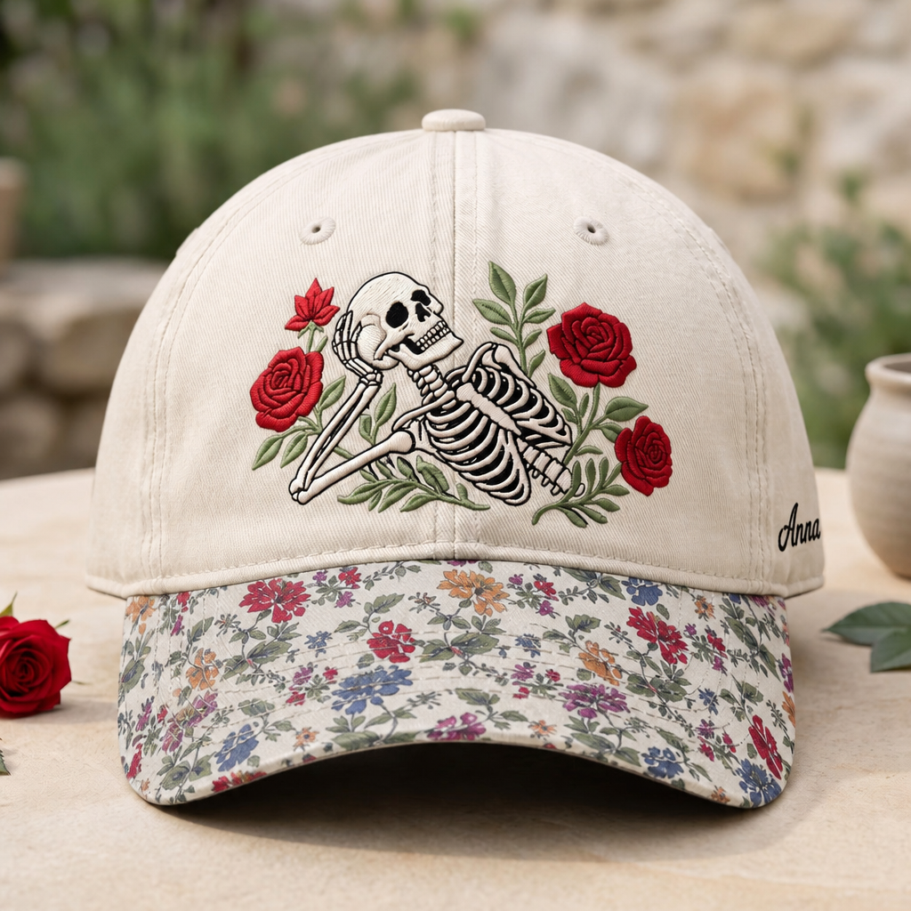 Personalized Skeleton Roses Floral Gothic Embroidered Floral & Leopard Brim Hat