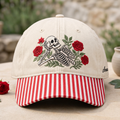 Personalized Skeleton Roses Floral Gothic Embroidered Gingham & Stripe Brim Hat