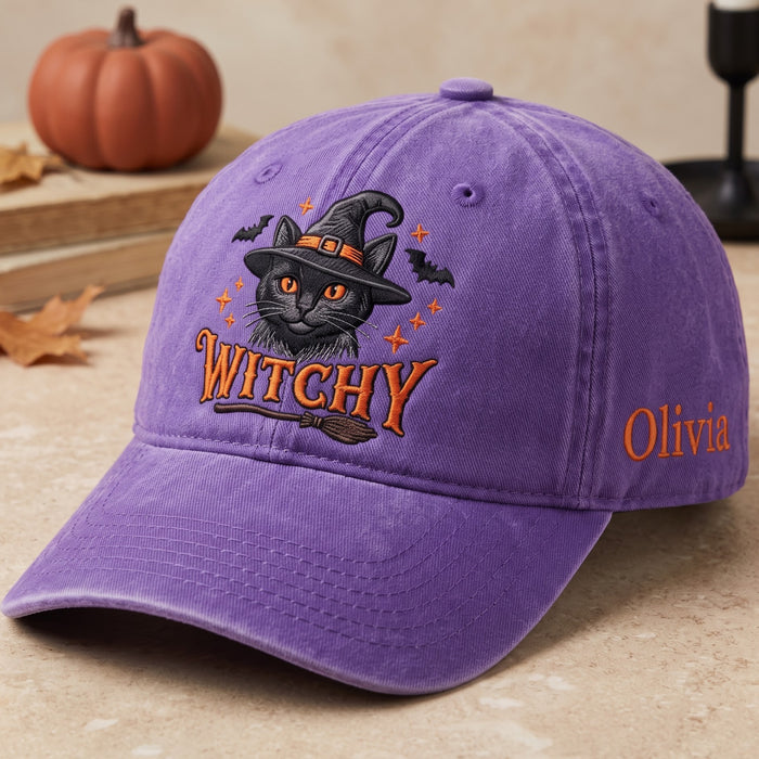 Personalized Halloween Witchy Black Cat Witch Hat Broomstick Bats Embroidered Hat