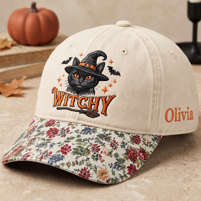 Personalized Halloween Witchy Black Cat Witch Hat Broomstick Bats Embroidered Floral & Leopard Brim Hat