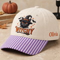 Personalized Halloween Witchy Black Cat Witch Hat Broomstick Bats Embroidered Gingham & Stripe Brim Hat