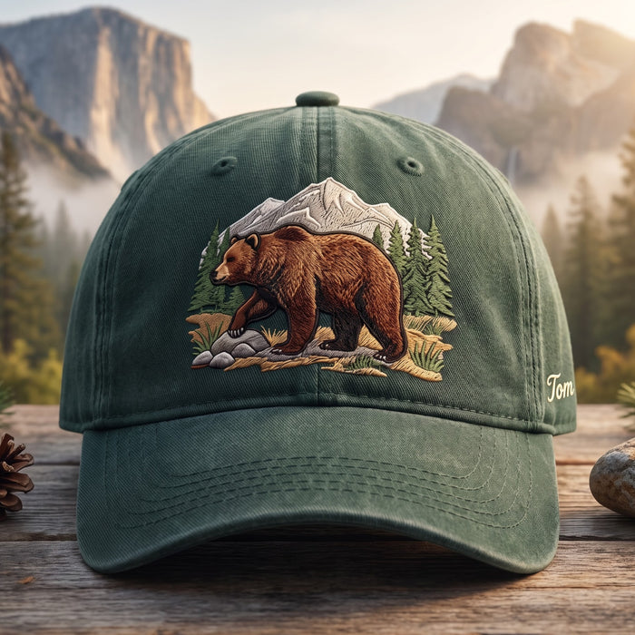 Personalized Grizzly Bear Mountain Forest Scene Embroidered Hat