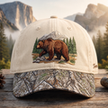 Personalized Grizzly Bear Mountain Forest Scene Embroidered Floral & Leopard Brim Hat
