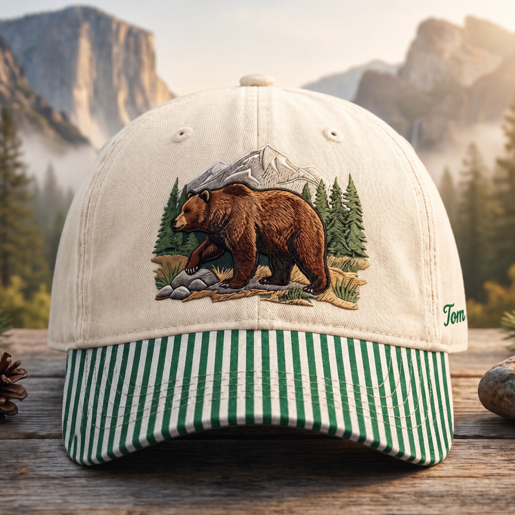 Personalized Grizzly Bear Mountain Forest Scene Embroidered Gingham & Stripe Brim Hat