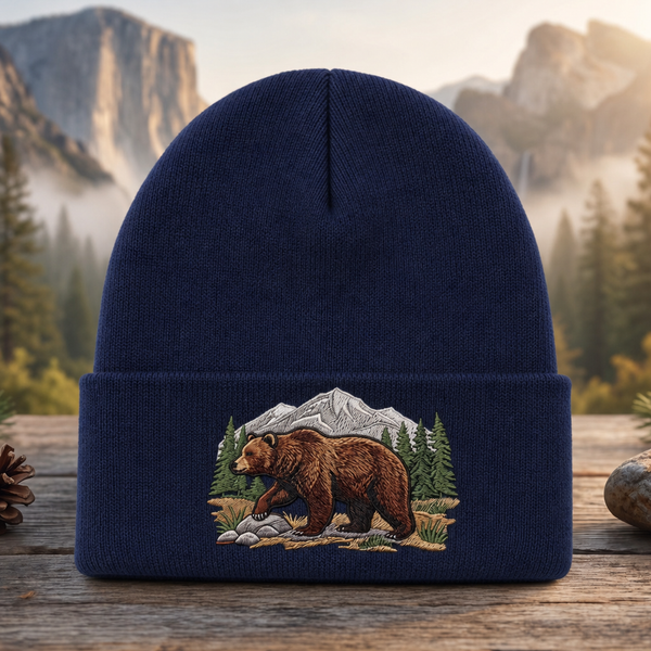 Personalized Grizzly Bear Mountain Forest Scene Embroidered Beanie