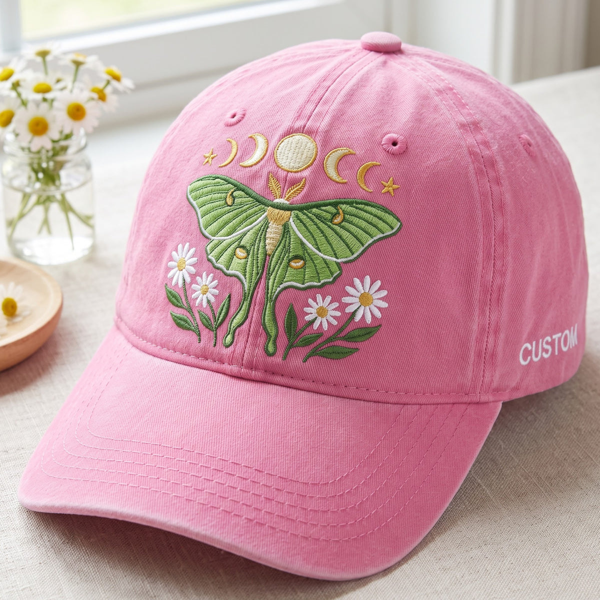 Personalized Luna Moth Moon Phases Daisy Floral Embroidered Hat — Baseball Cap