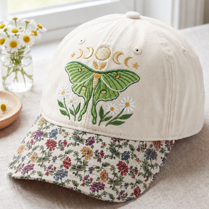 Personalized Luna Moth Moon Phases Daisy Floral Embroidered Floral & Leopard Brim Hat