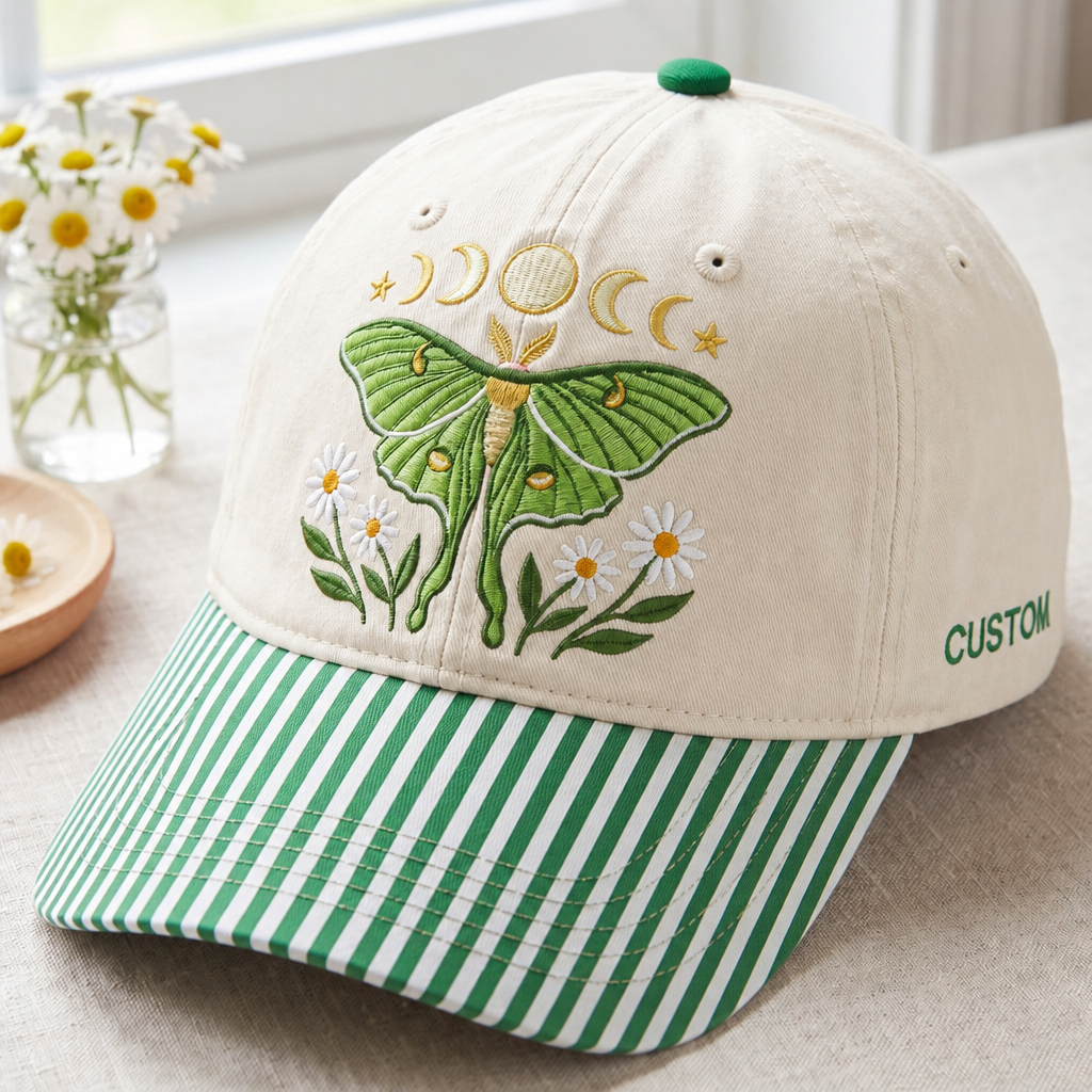 Personalized Luna Moth Moon Phases Daisy Floral Embroidered Gingham & Stripe Brim Hat