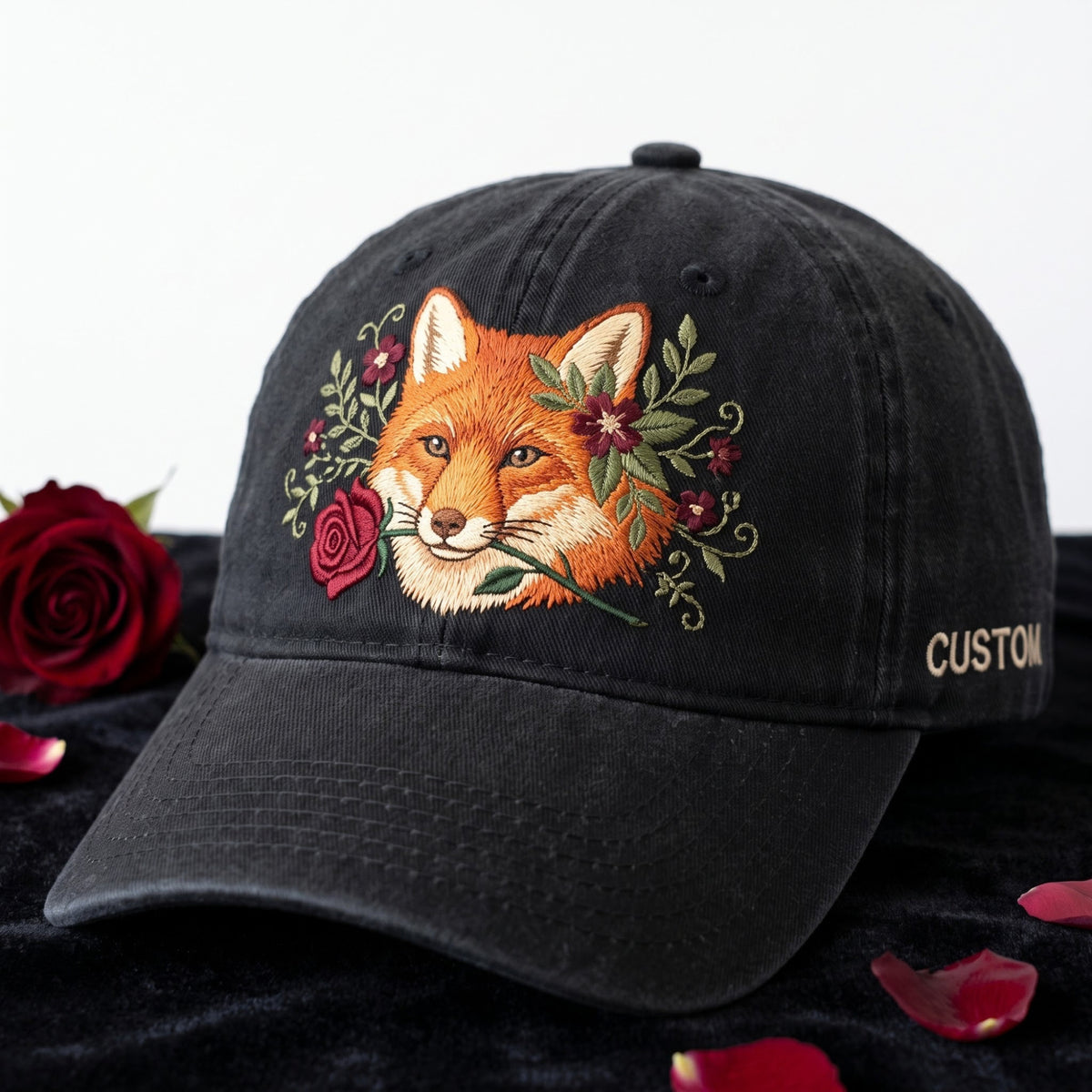 Personalized Fox Floral Roses Botanical Portrait Embroidered Hat — Washed Hat